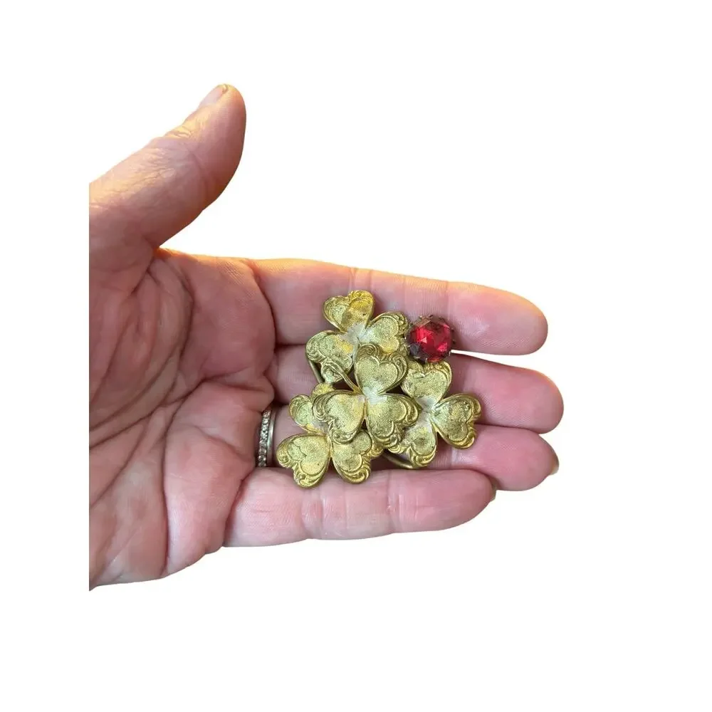 Victorian Lucky Shamrock Buckle Half Ruby Glass Antique Brass Sash Brooch